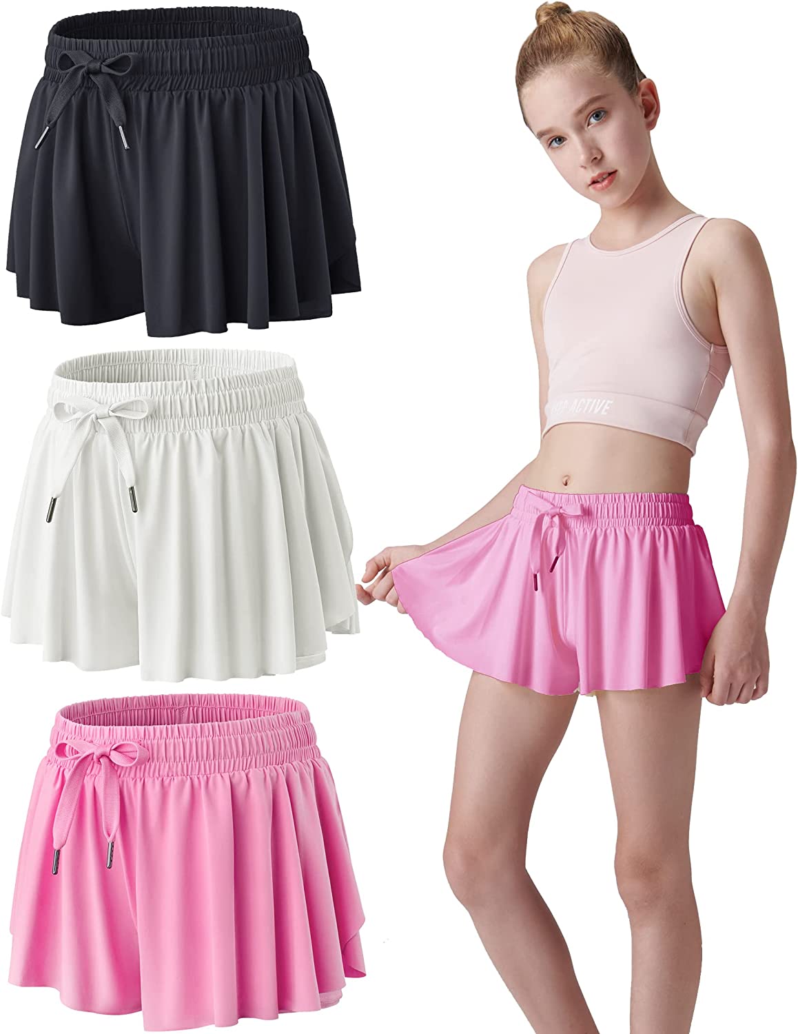 3 Pack Girls Flowy Shorts with Spandex Liner 2-in-1 Youth Butterfly Skirts for Fitness, Running, Sports