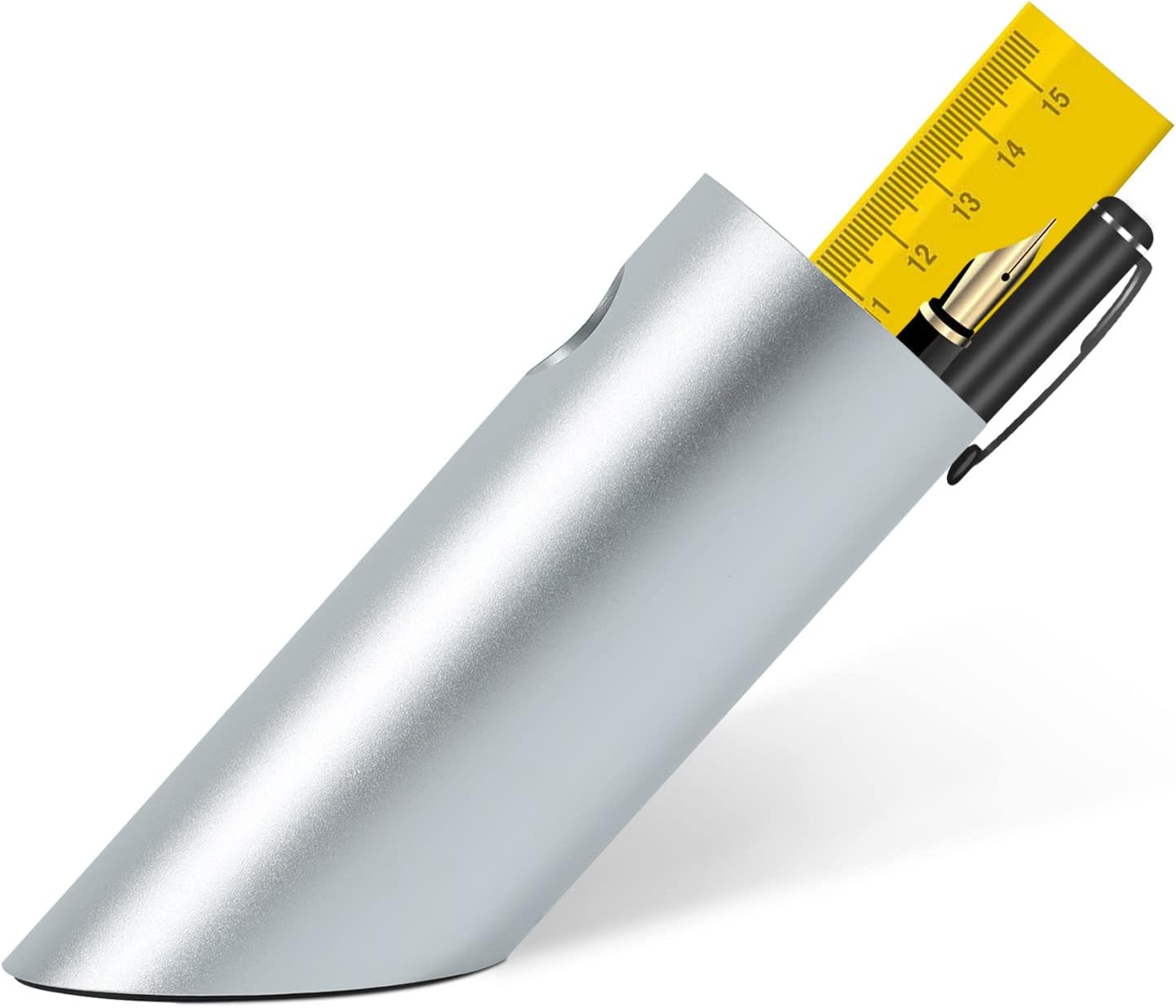 KayYuki Office Modern Art Pen Holder Aluminum Alloy Tilt Pen Holder Handicraft Office Desktop Accessories Pencil Cup Office Storage Pen Cup（Silver）