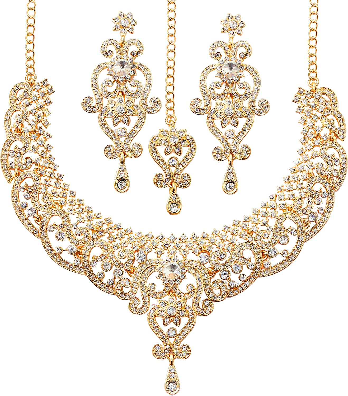 Touchstone Indian Bollywood Gorgeous intricate Workmanship Sparkling White Colorful Rhinestone crystal wedding Designer Jewelry Necklace Set In Gold And Silver Tone For Women.