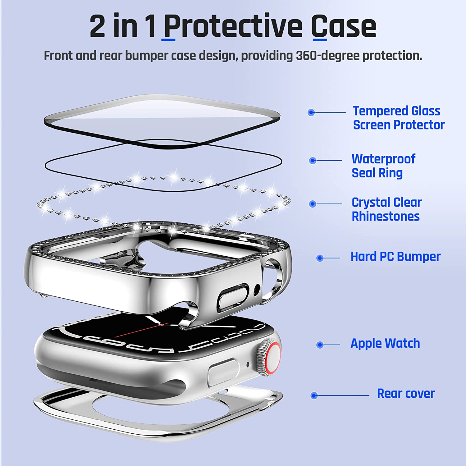 Goton 2 in 1 Waterproof Bling Case for Apple Watch 44mm SE (2nd Gen) Series 6 5 4 Screen Protector, Women Glitter Diamond Rhinestone Bumper Face Cover for iWatch Accessories 44 mm Silver