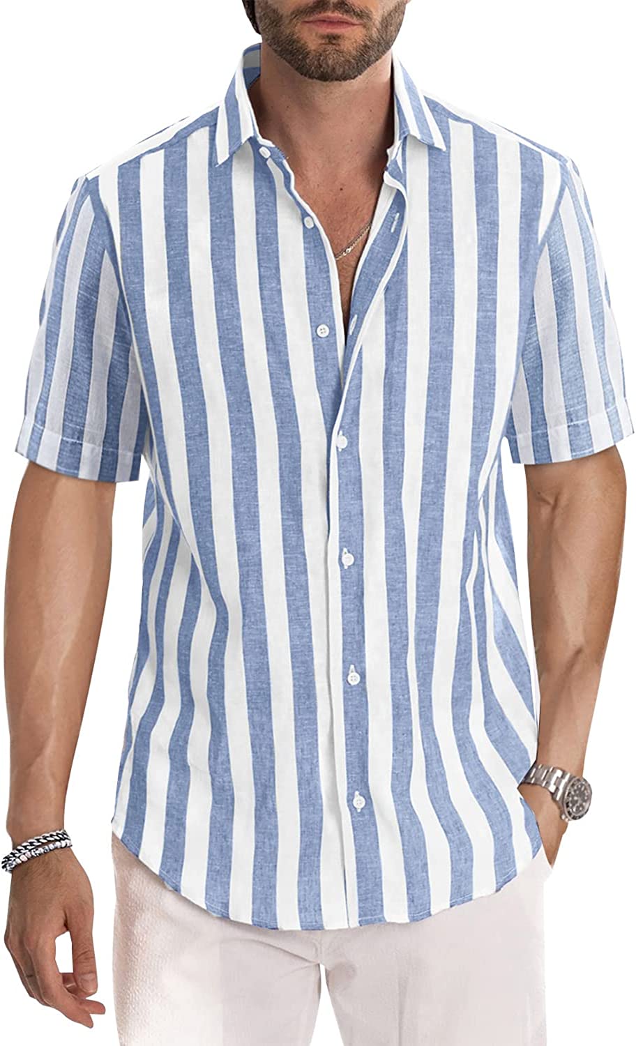 JMIERR Men's Casual Stylish Short Sleeve Button-Up Striped Dress Shirts Cotton Shirt