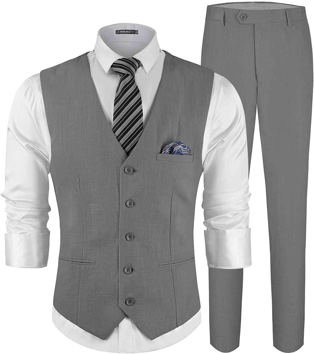 MAGE MALE Men's Linen 2 Piece Suit Slim Fit Wedding Groomsmen Summer Vest Pants Set with Pocket Square