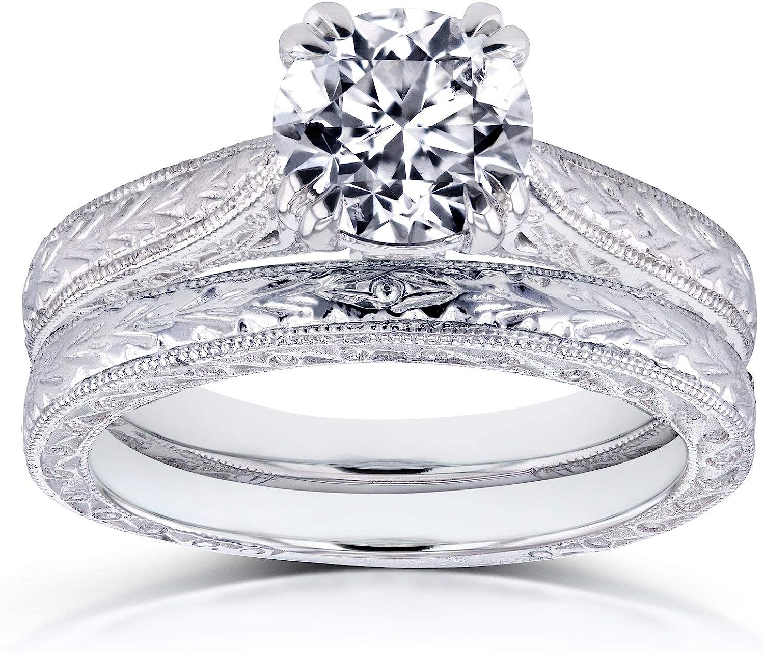 Kobelli Diamond Antique Style Engravings Bridal Set 1 CTW in 14k White Gold