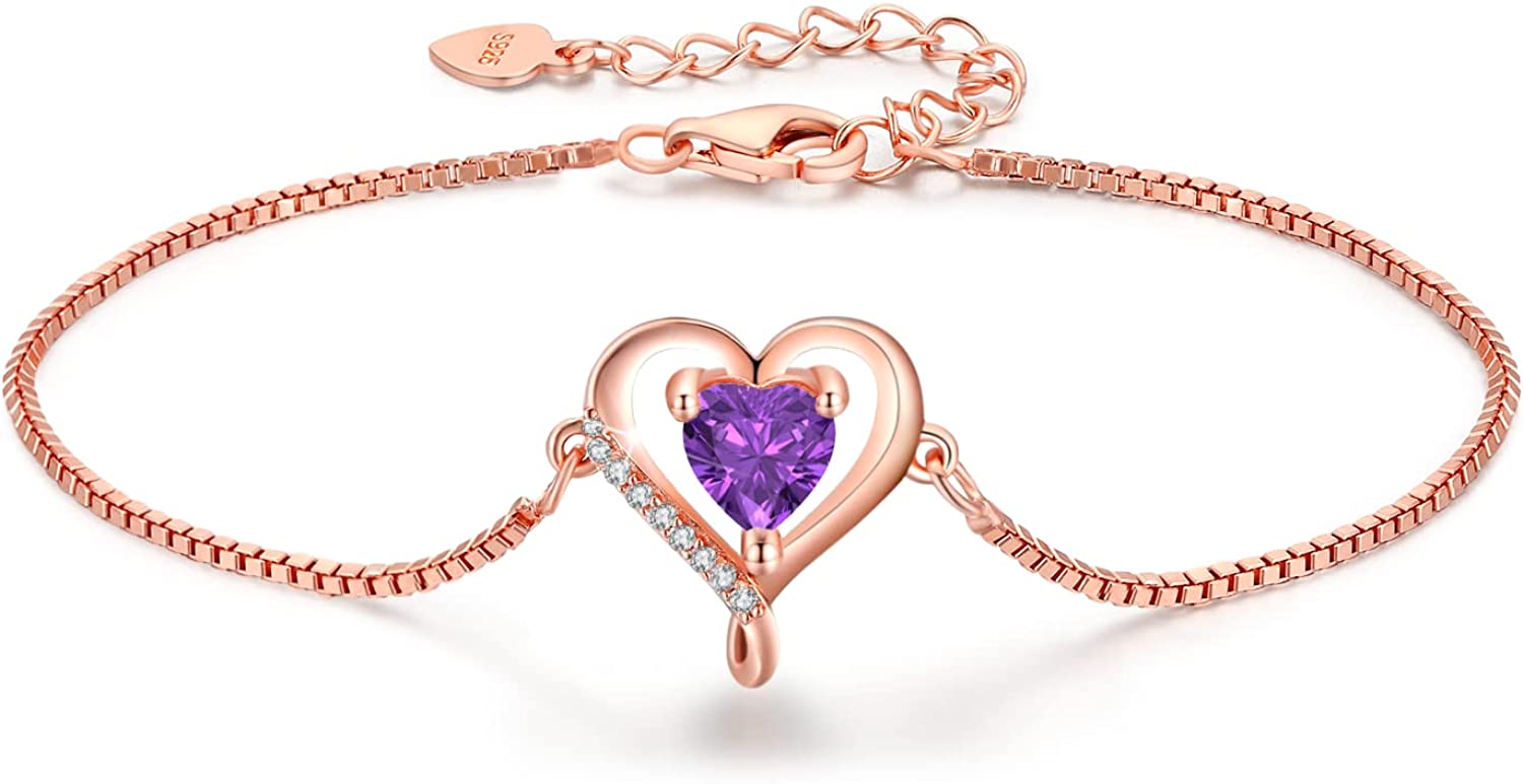 LAVUMO Heart Bracelet for Women 925 Sterling Silver Bracelet with Birthstone Zirconia,Adjustable Bracelet Best Mother's Day Gifts for Women Girls Chain Length 6.7"+1.6" Extend
