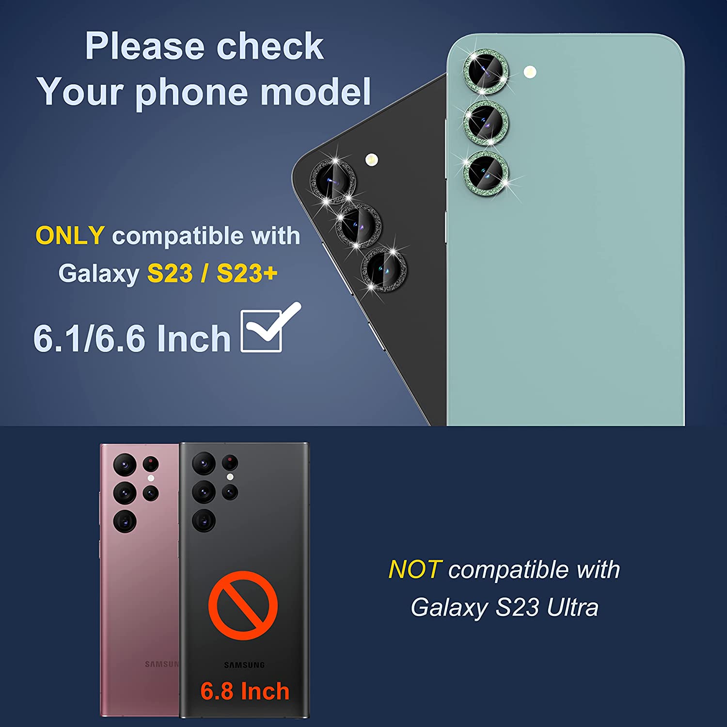 Suoman [3+3 PCS] for Samsung Galaxy S23/ S23 Plus Camera Lens Protector, Premium Tempered Glass Glitter Camera Lens Protector for Samsung Galaxy S23/ S23+ [Glitter Diamonds] - Bling Green