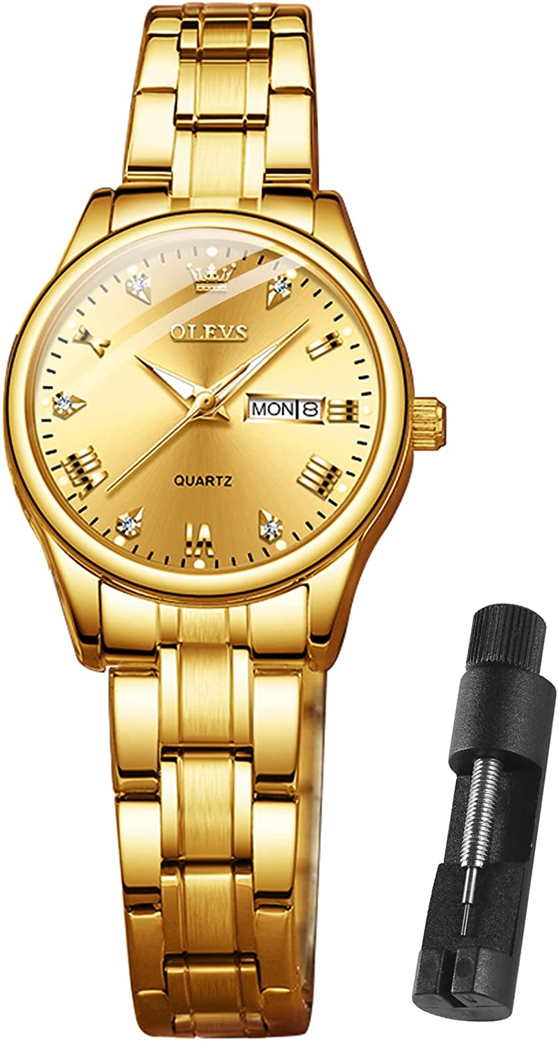 OLEVS Gold Watches for Women Luxury Wrist Watches Day and Date Waterproof Stainless Steel Quartz Analog Lightweight Ladies Watches Adjustable Bracelet Simple Dress Wristwatch Gold Black White Dial