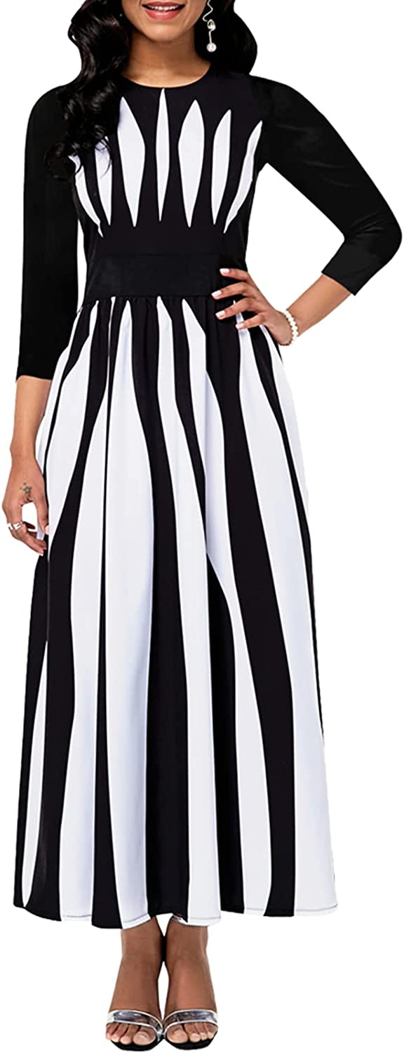 Women Plus Size Printed Casual Maxi Dress V-Neck Long Sleeve Loose Flowy Dresses with Belt