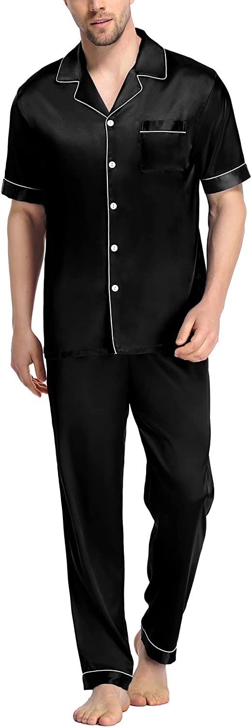 SWOMOG Men's Silk Satin Pajama Set Short Sleeve Classic Sleepwear Button Down Loungewear with Long Pants
