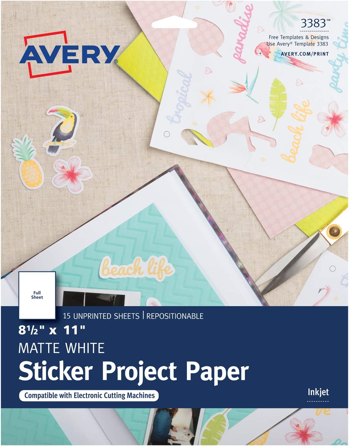 Avery Printable Sticker Paper, 8.5" x 11", Inkjet Printer, White, 15 Repositionable Sticker Sheets (3383)