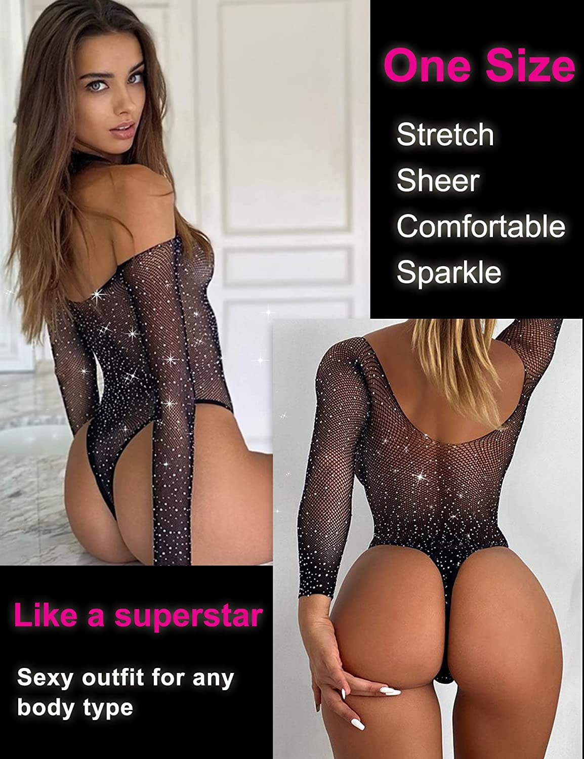 RSLOVE Women Lingerie Fishnet Bodysuit Sparkle Rhinestone Sexy Mesh Teddy Lingerie
