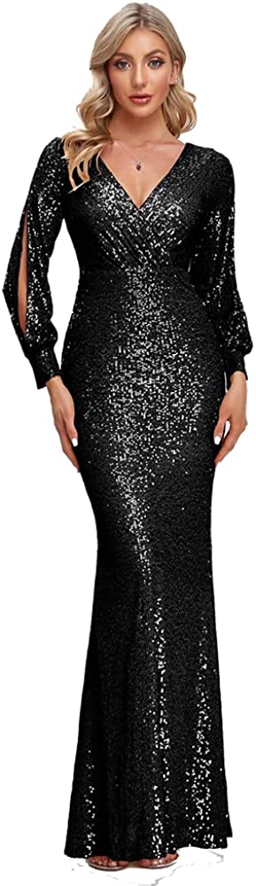 MOOSSIS Women Sequin Fishtail V Neck Maxi Bodycon Black Dress with Long & Open Sleeves BL0004R-002