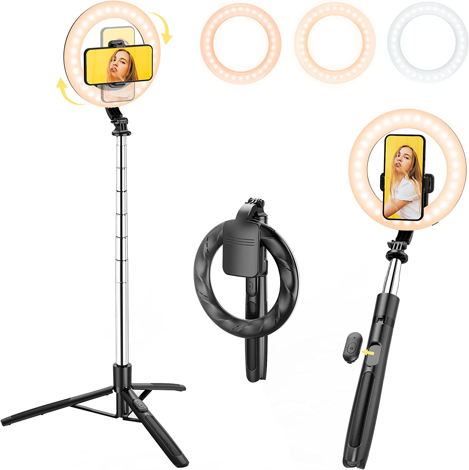 8" Selfie Ring Light with 66" Extendable Tripod Stand & Phone Holder, Portable Unplugged Dimmable LED Ringlight for Live Stream/Makeup/Tiktok/YouTube Video, Compatible with iPhone & Android