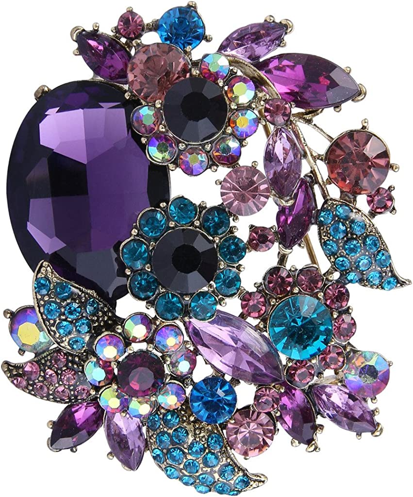 EVER FAITH Rhinestone Crystal Party Flower Leaf Vine Brooch