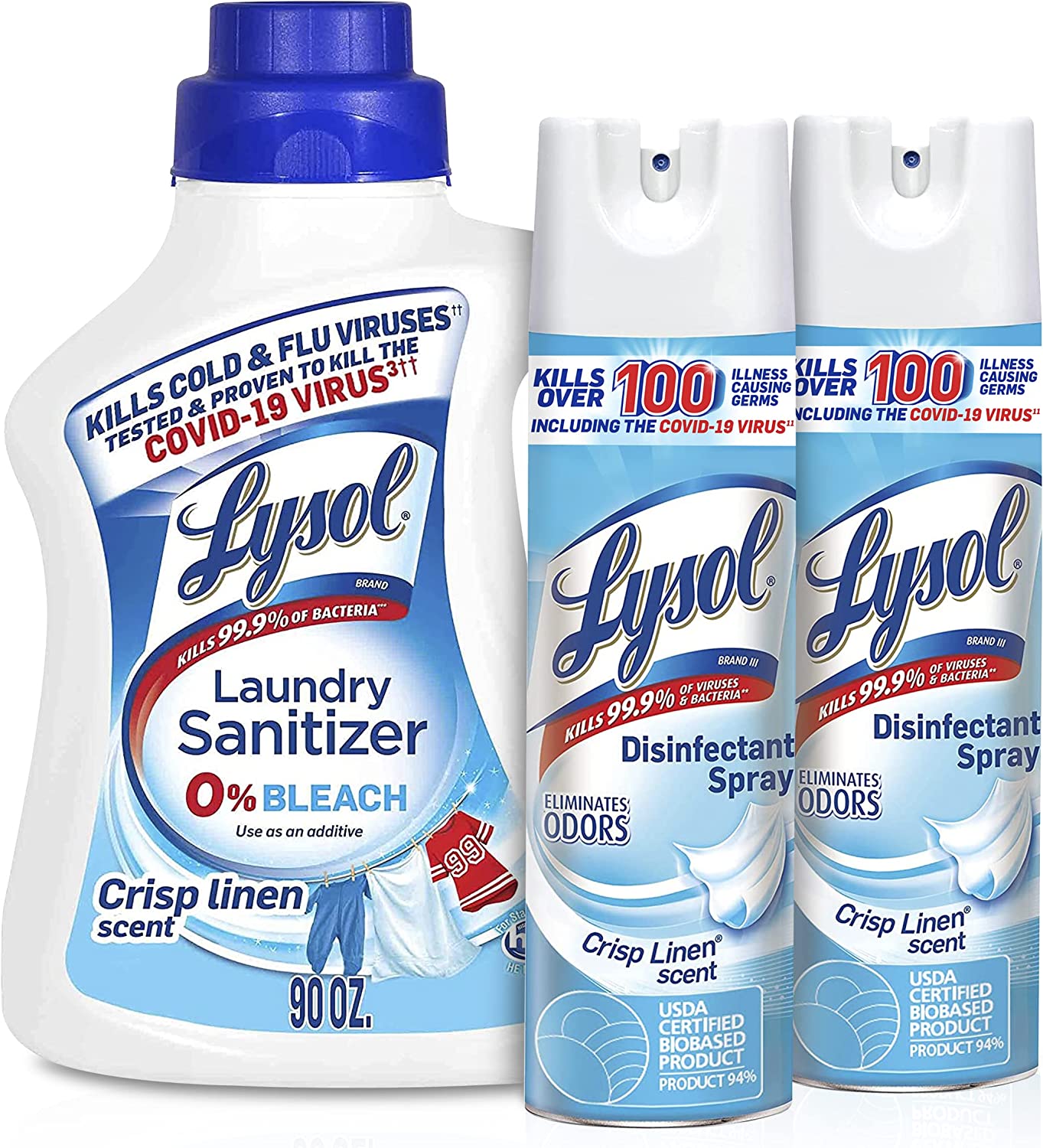 Lysol Laundry Sanitizer, Antibacterial Fabric Sanitizer, Crisp Linen, 90oz + Lysol Disinfectant Spray, Sanitizing and Antibacterial Spray, Crisp Linen, 19 Fl Oz. (Pack of 2)