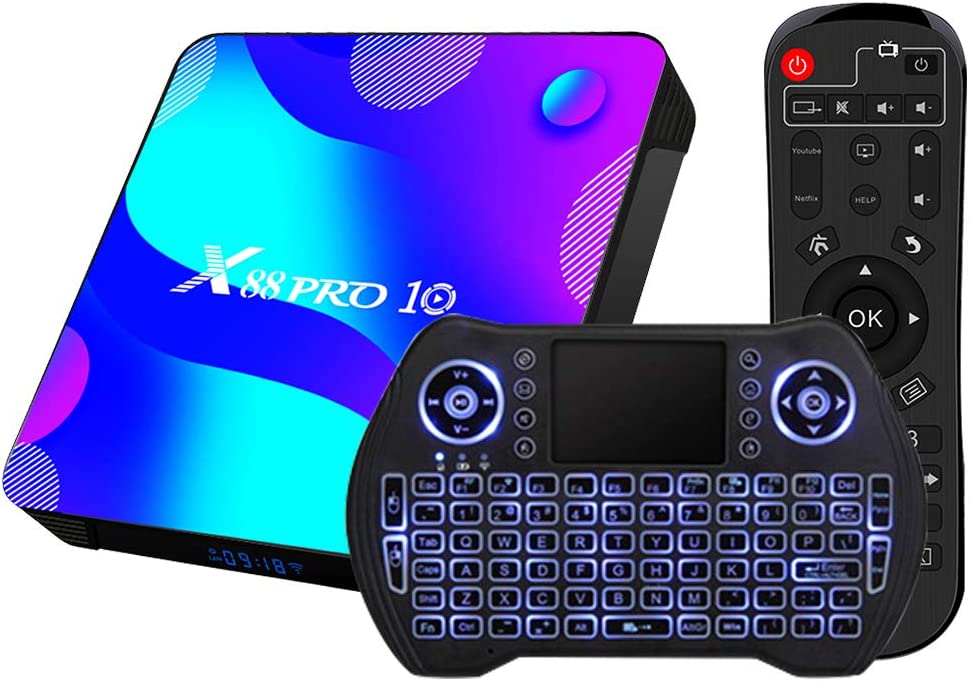 Android TV Box 11, RK3318 USB 3.0 Ultra HD 4K HDR 4GB RAM 64GB ROM 2.4G 5.8G Dual Band WiFi with BT 4.1 WiFi 100M Ethernet with Backlit Mini Keyboard Set Top TV Box