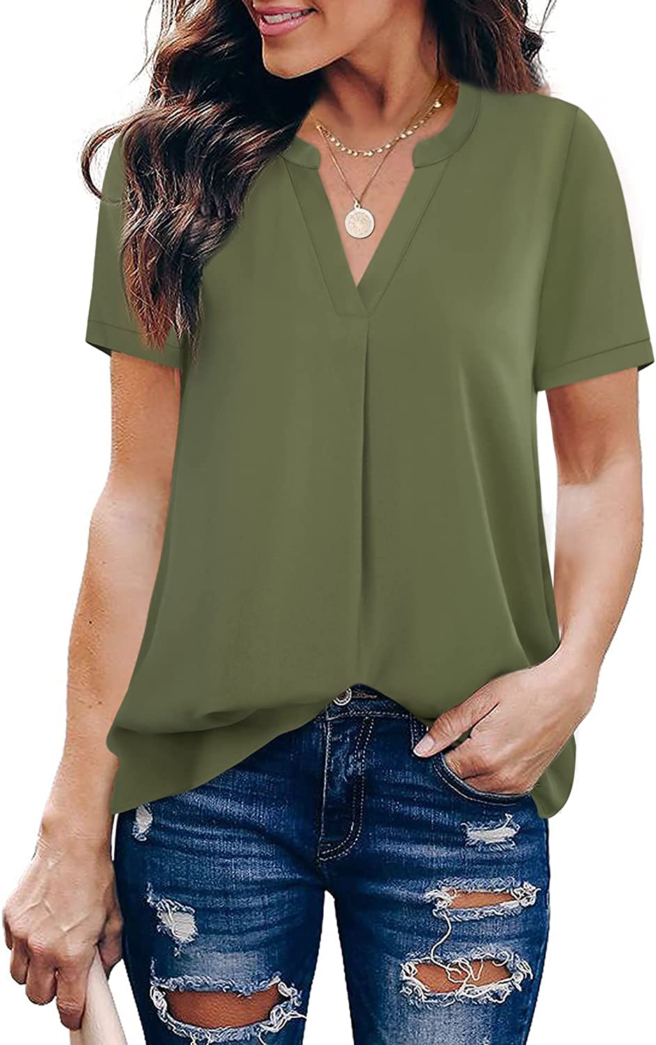 Timeson Women's V Neck Short Sleeve Curved Hem Sheer Chiffon Blouse Shirts Tops