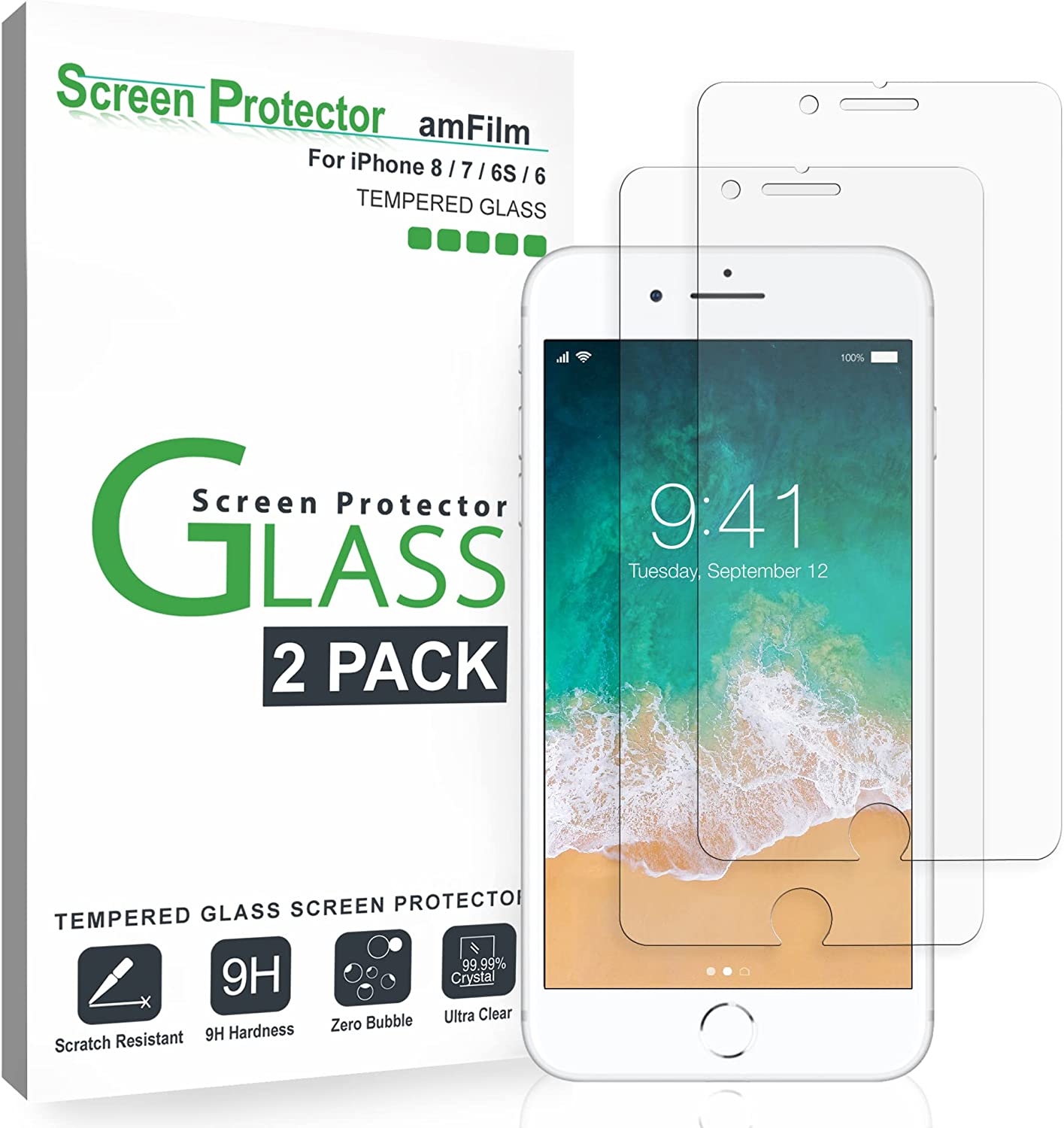 amFilm Screen Protector for Apple iPhone 8, iPhone 7, 6S and 6, Tempered Glass, 2 Pack