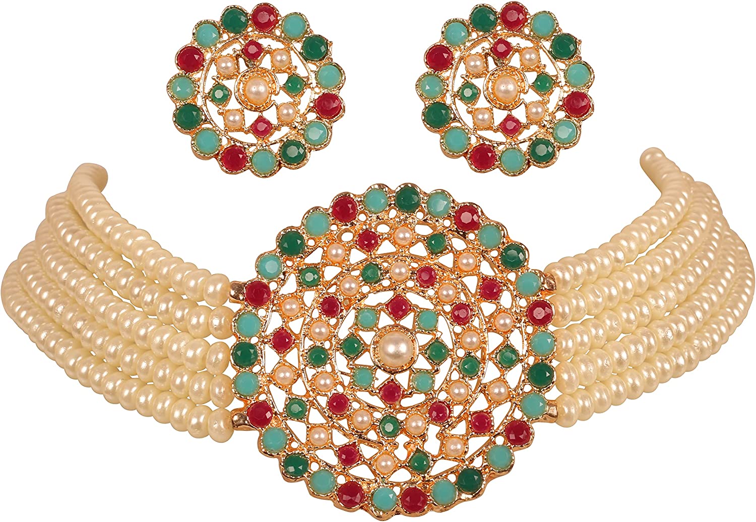 Touchstone Indian Bollywood Traditional Rhinestone Kundan Polki Faux Pearls Colorful Beads Strings Designer Jewelry Choker Necklace Set in Antique and Gold Tone for Women.