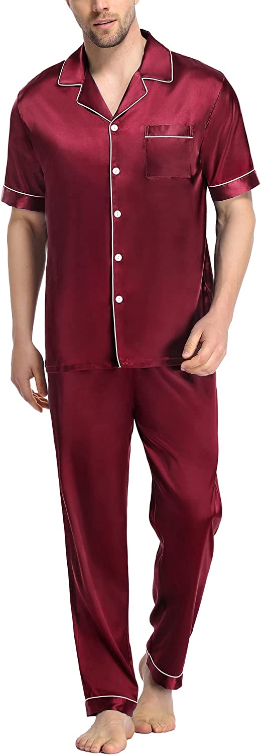 SWOMOG Men's Silk Satin Pajama Set Short Sleeve Classic Sleepwear Button Down Loungewear with Long Pants