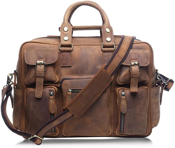 DLOETT Large Men's Crazy Horse Leather Tote Bag Several Pockets Bag Men's Shoulder Bag