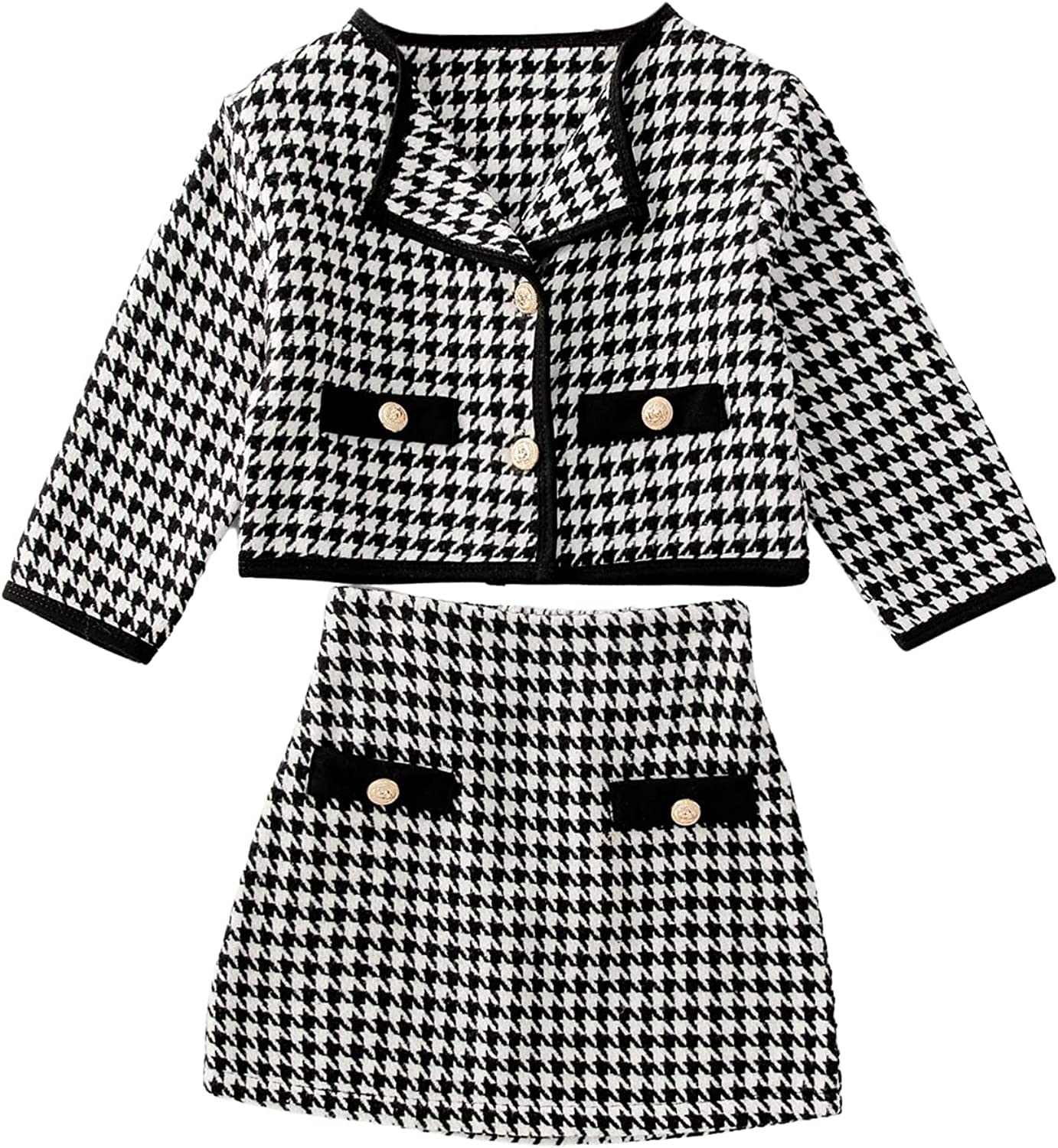 WDIRARA Toddler Girl's 2 Piece Houndstooth Button Front Long Sleeve Round Neck Jacket and Skirt Outfits Set