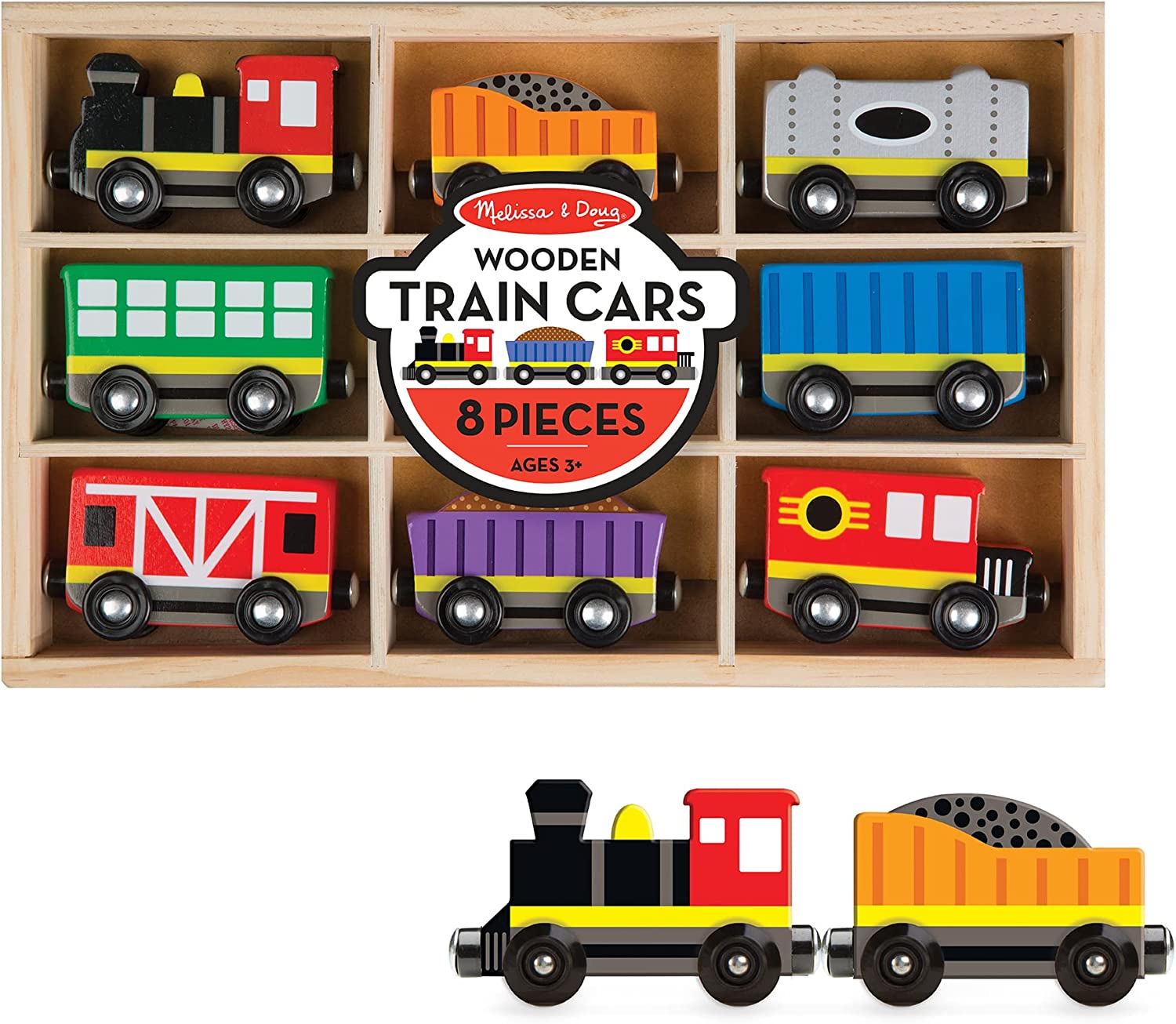 Melissa & Doug Wooden Train Cars (8 pcs) - Magnetic Train, Wooden Train Toys, Train Sets For Toddlers And Kids Ages 3+