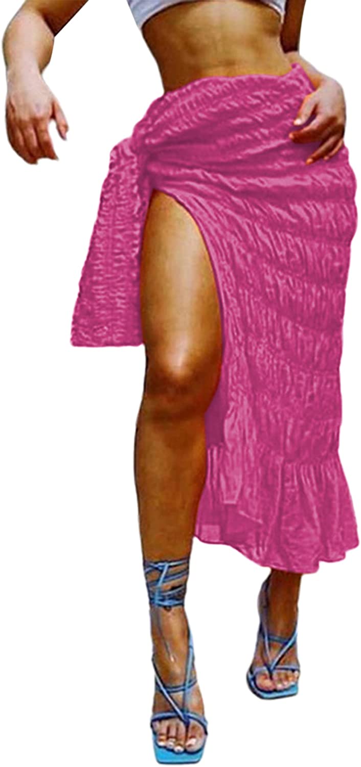 Avanova Women's Tie Side Ruffle Trim Sarong Coverup Beach Ruched Split Thigh Midi Skirt