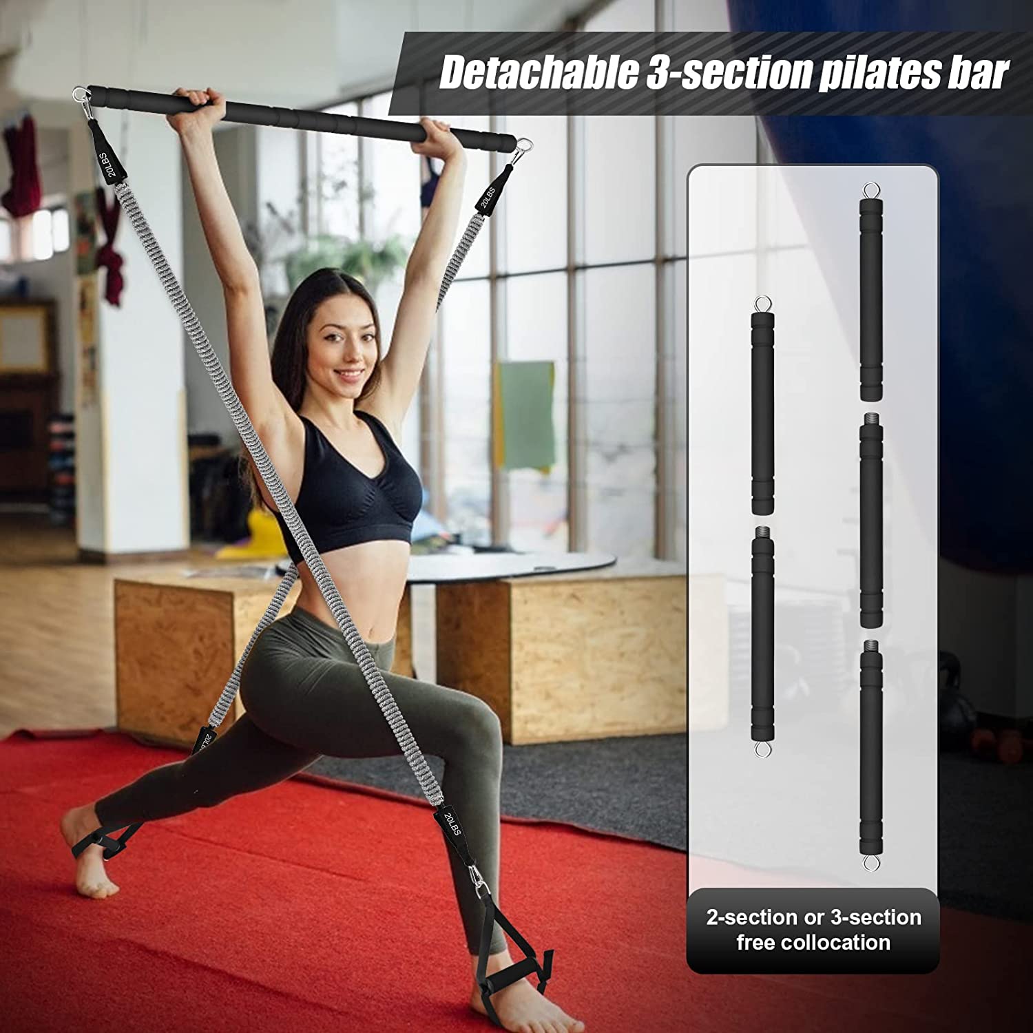 Pilates Bar Kit with Resistance Bands, WeluvFit Exercise Fitness Equipment for Women & Men, Home Gym Workouts Stainless Steel Stick Squat Yoga Pilates Flexbands Kit for Full Body Shaping