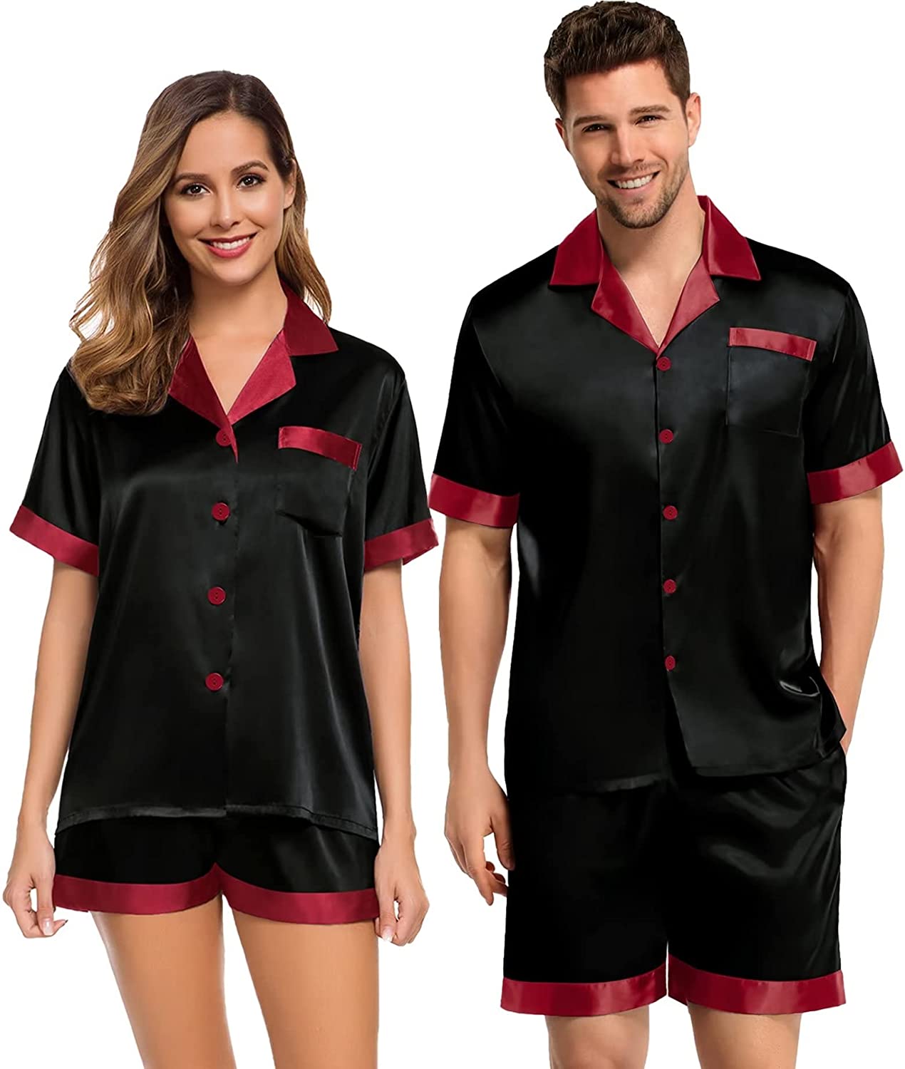 SWOMOG Couples Matching Pajama Set Silk Satin Short Sleeve Pjs Set Top and Shorts Sleepwear Soft Button-Down Loungewear