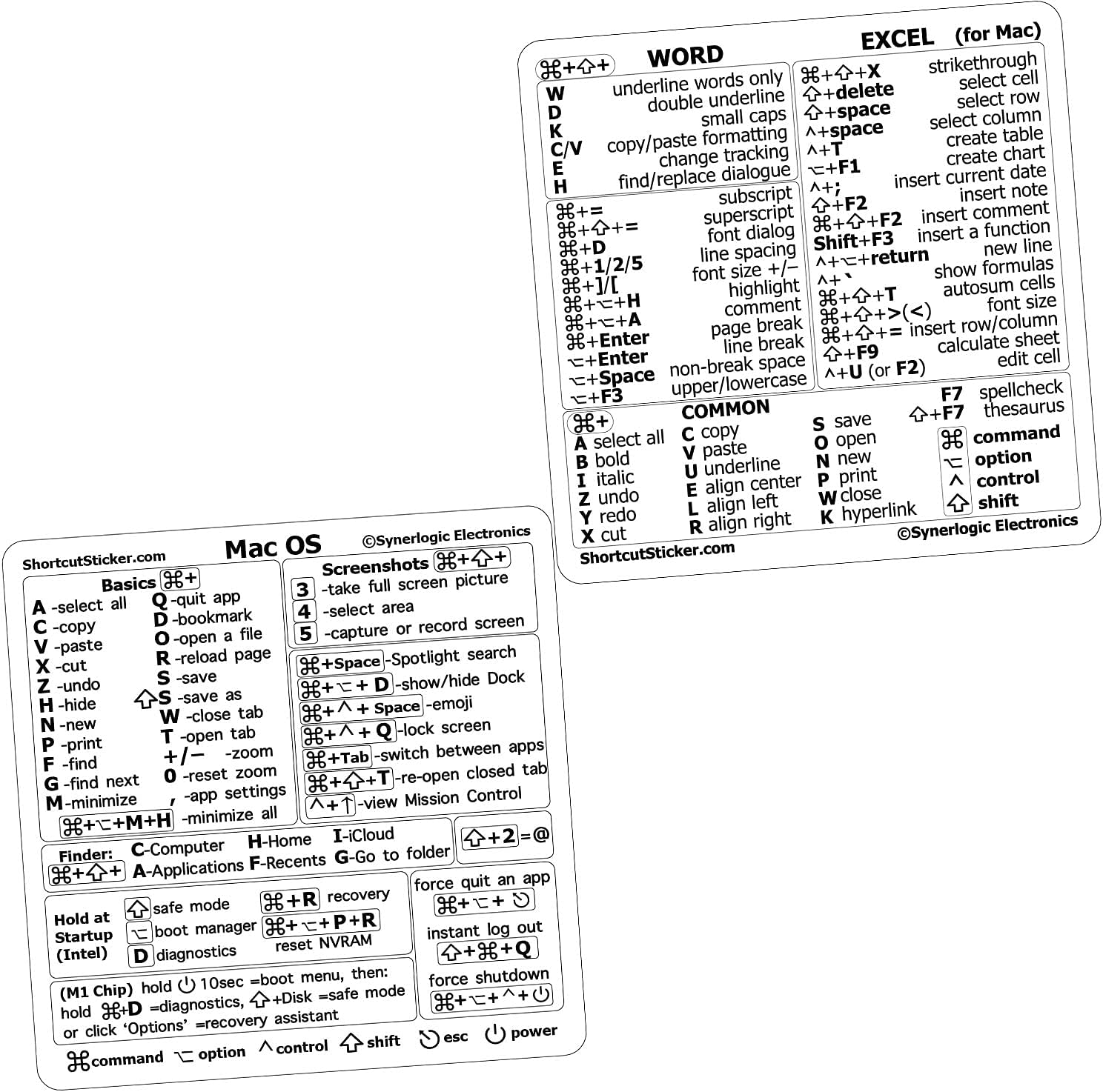 SYNERLOGIC Mac OS (M/Intel) + Word/Excel (for Mac) Quick Reference Keyboard Shortcut Stickers - for MacBook Air/Pro/iMac/Mac/Mini (Clear, 1 Set)