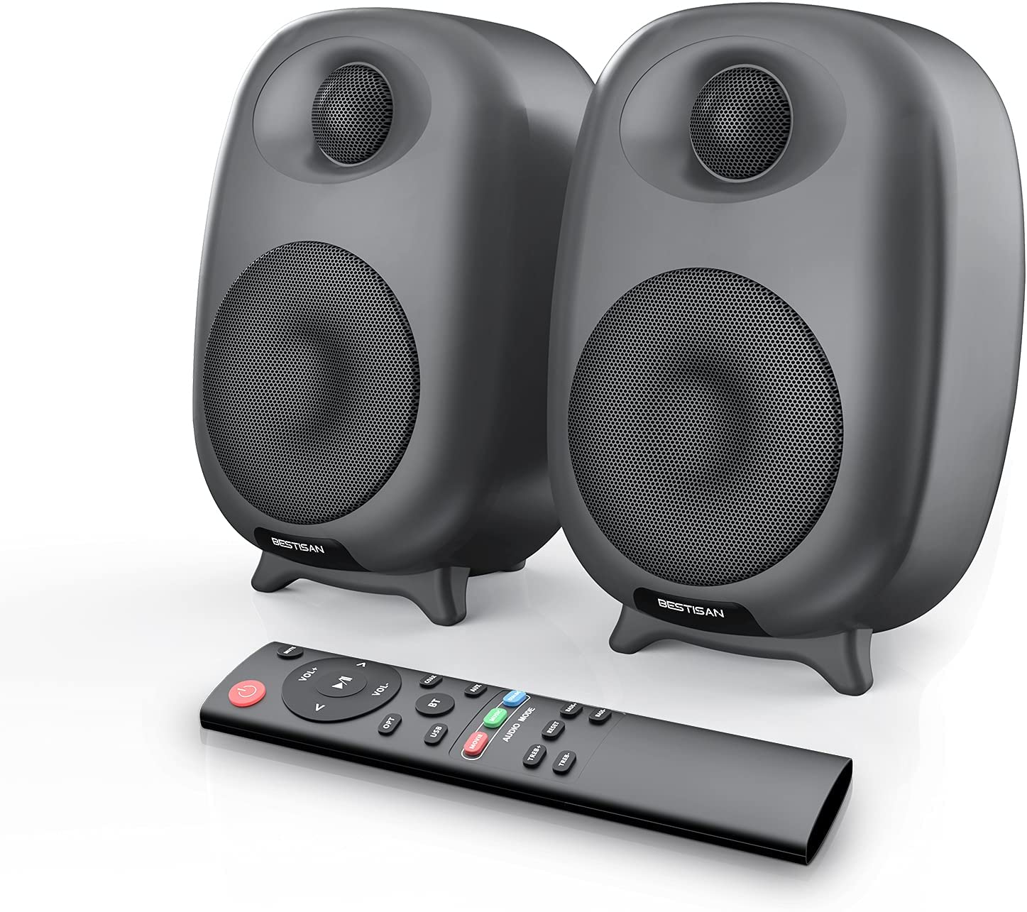 BESTISAN 50 Watt Powered Bookshelf Speakers with Bluetooth 5.0 and Wired Optical RCA Input Port, Bass and Treble Adjustable, Deep Bass, 3 Audio Mode Design, Remote Control