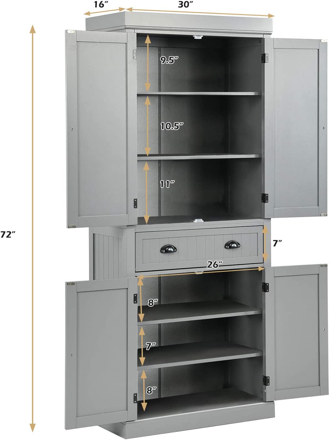 MAT EXPERT Kitchen Pantry Cupboard Cabinet, Freestanding Storage Cabinet w/Drawers & Adjustable Shelves, 4-Door Wooden Storage Organizer for Living Room/Kitchen/Bedroom (Gray)