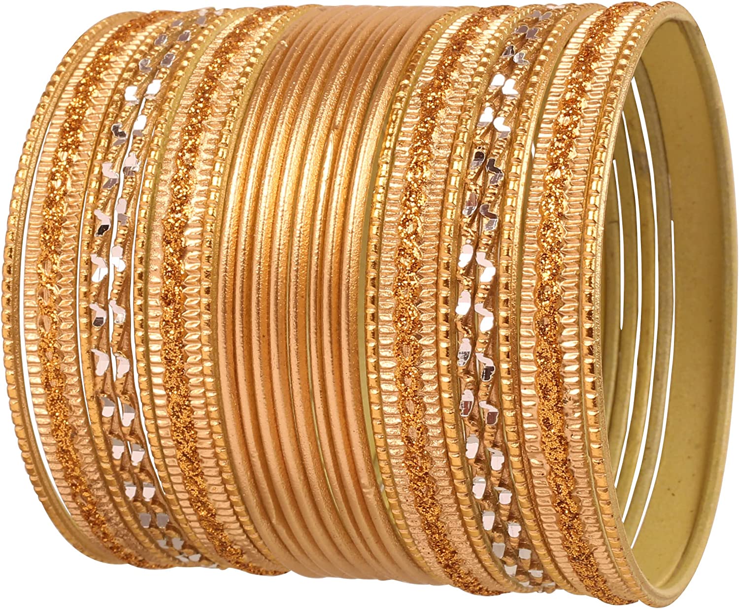 Touchstone 2 Dozen Bangle Collection Indian Bollywood Alloy Metal Textured Color Designer Jewelry Special Large Size Bangle Bracelets Set of 24 in Gold Tone for Women