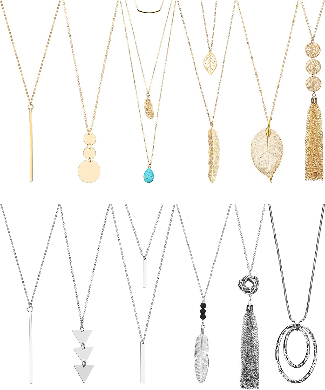 Hicarer 12 Pieces Long Pendant Necklace Set Y Tassel Leaf Circle Bar Necklace for Women