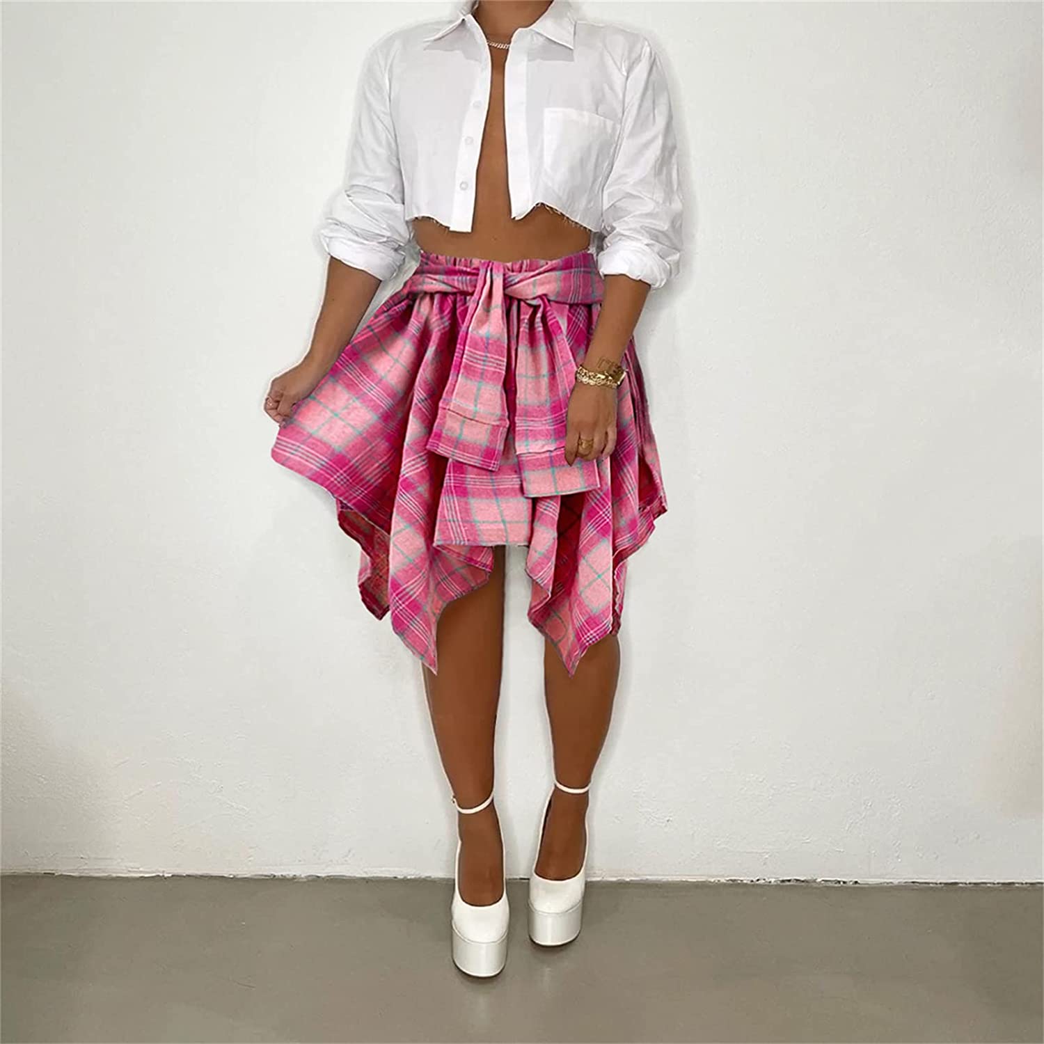 Women's Plaid Skirts High Waisted Knot Front Asymmetrical Hem Mini Skater Skirt
