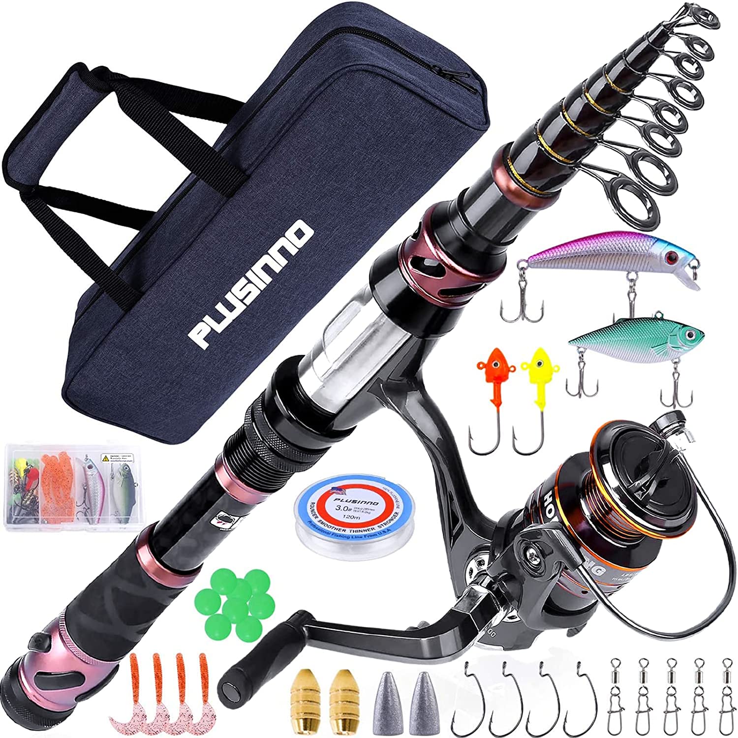 PLUSINNO Fishing Rod and Reel Combos - Carbon Fiber Telescopic Fishing Pole - Spinning Reel 12 +1 Shielded Bearings Stainless Steel BB