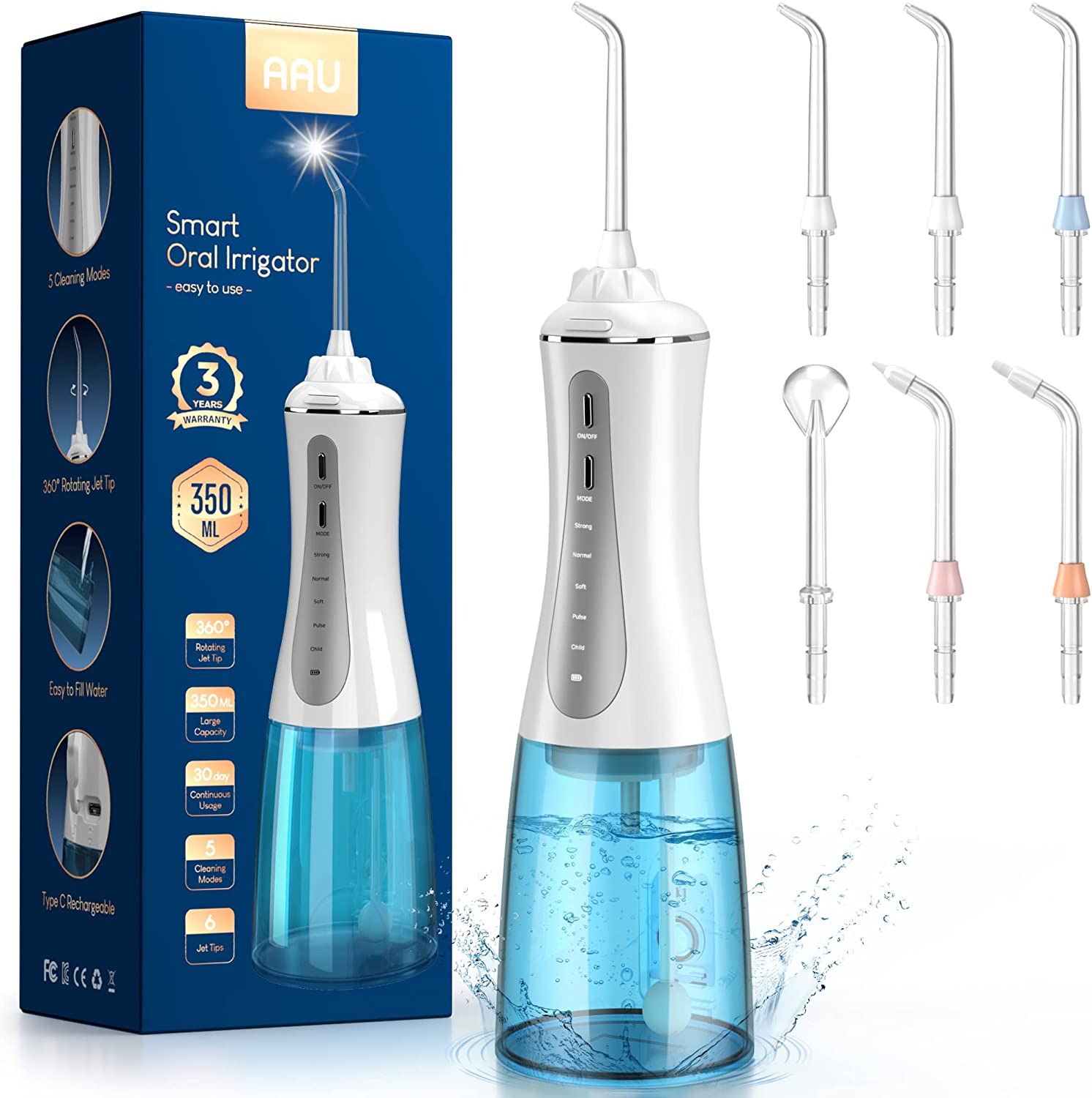 Cordless Water Dental Flosser for Teeth - Portable and Rechargeable 350ML Oral Irrigator with 5 Modes 6 Replaceable Tips - IPX7 Waterproof Powerful Battery Life Water Dental Picks for Travel Home Use