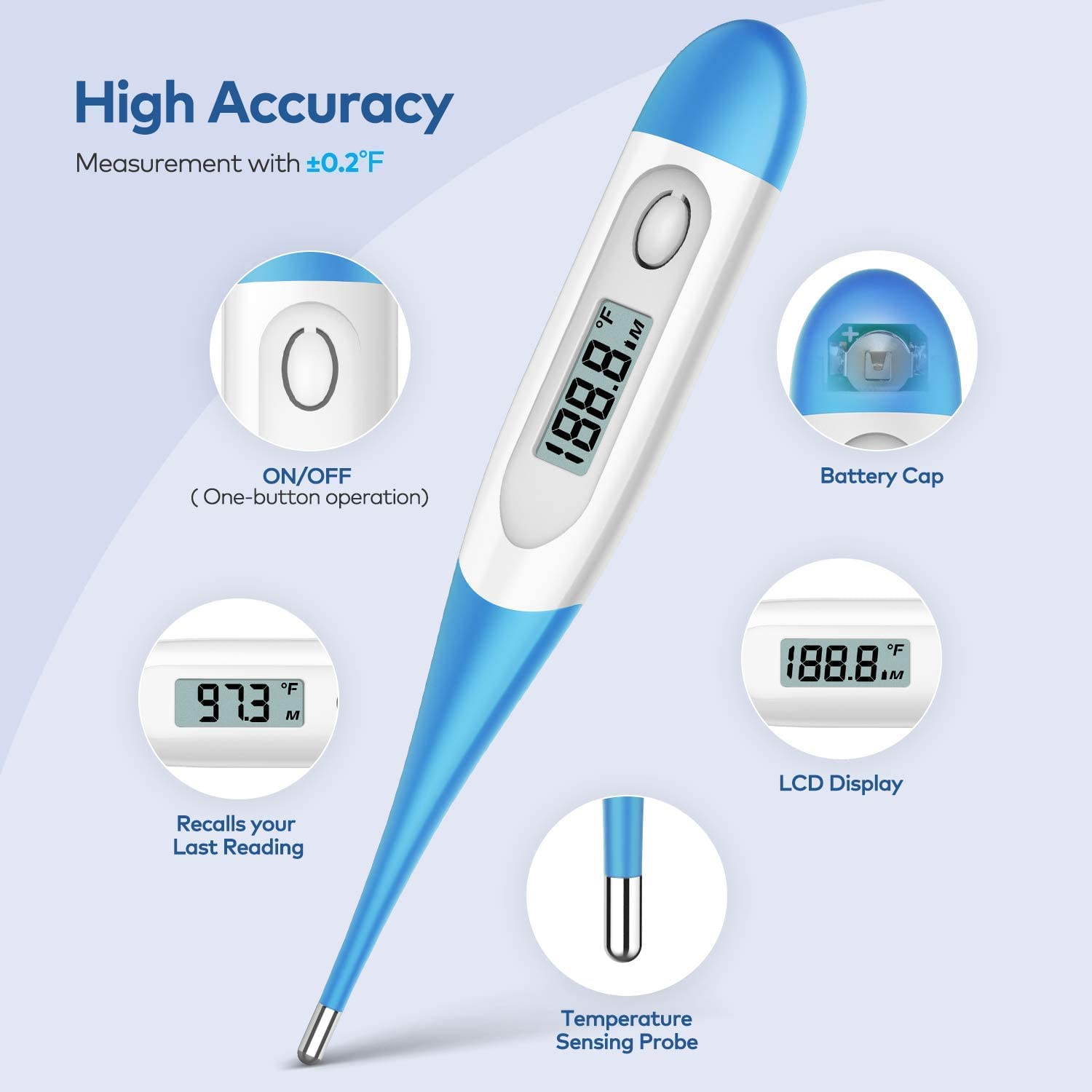 Thermometer for Adults, Digital Oral Thermometer for Fever with 10 Seconds Fast Reading (Light Blue)