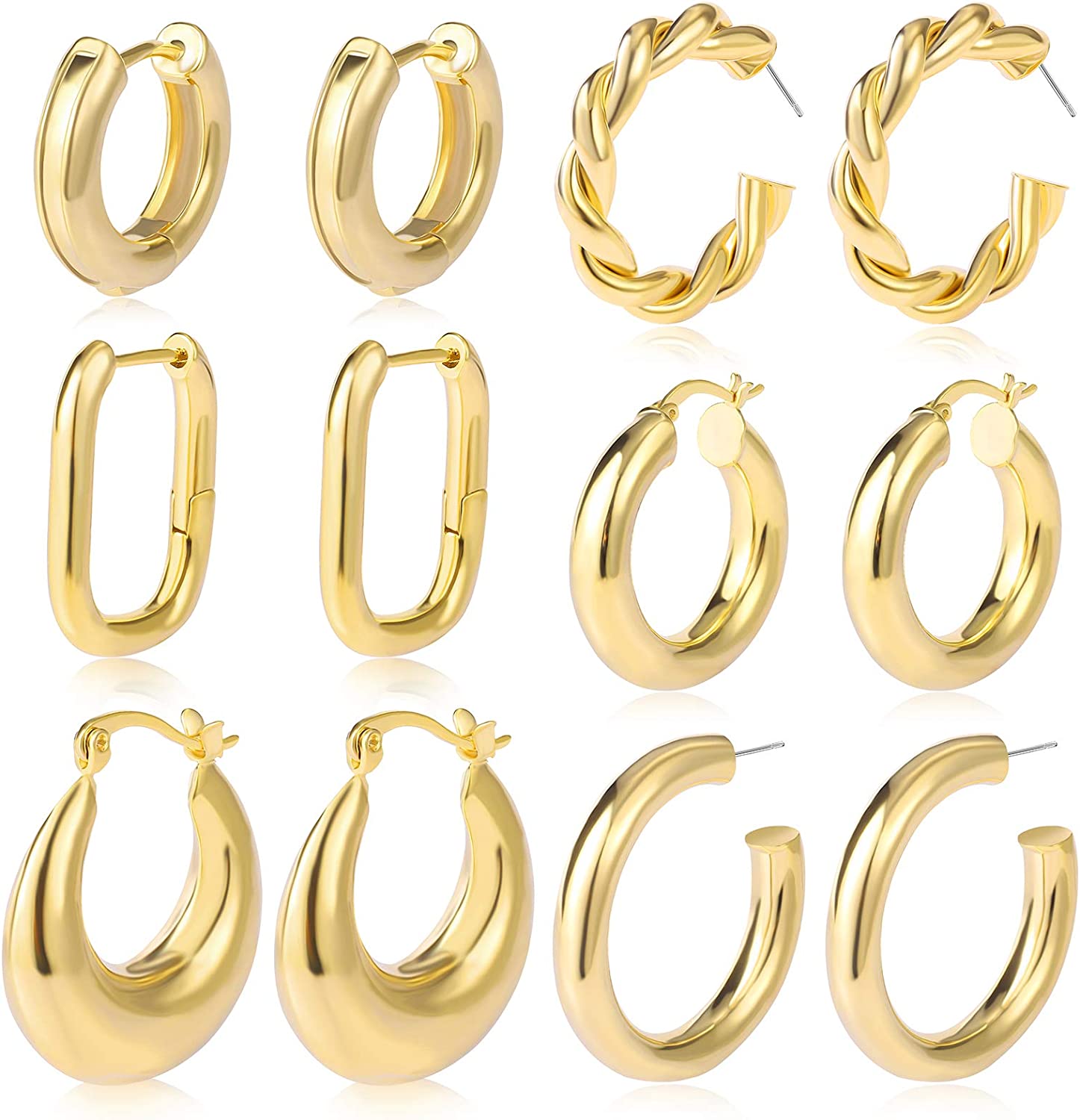 6 Pairs Chunky Gold Hoop Earrings Set for Women 14K Gold Plated Hypoallergenic Thick Open Huggie Hoop Set Jewelry for Gifts