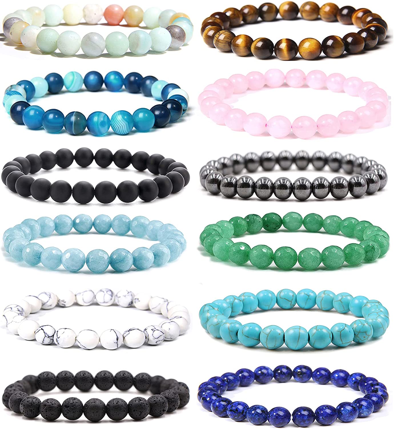 Jewdreamer 12Pcs Healing Stone Beaded Bracelets for Women Men Semi-Precious Gemstones Bracelets Crystal Beaded Bracelet Unisex Adjustable Stretch Bracelets 8MM
