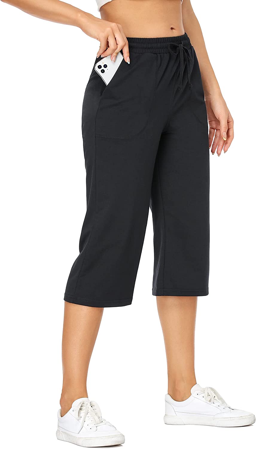 Hibelle Womens Active Yoga Capri Pants Drawstring Straight Wide Leg Loose Comfy Lounge Sweatpants Capris with Pockets