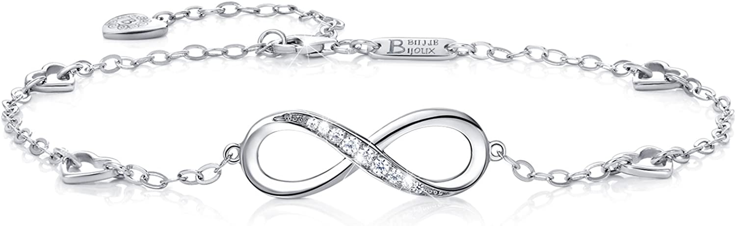 Billie Bijoux Womens 925 Sterling Silver Infinity Anklet Bracelet Endless Love Symbol Charm Adjustable Large Bracelet Mother's Day Gift for Women
