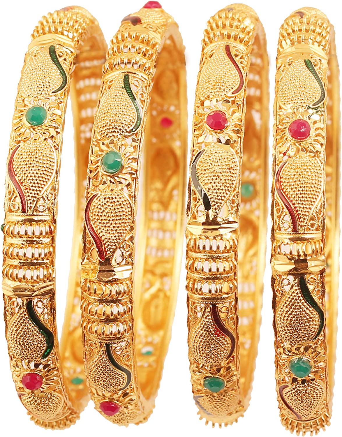 Touchstone Indian Bollywood Finely Hand Engraved Peeled Metal Pretty Mesh Work Jaipur Meenakari Enamel Exclusive Designer Jewelry Bangle Bracelets in Gold Tone for Women.