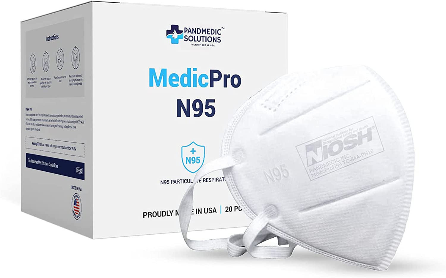 MedicPro N95 Mask NIOSH Approved Made in USA - N95 Particulate Respirator Filter Efficiency≥95% - White 5 Layer Face Masks for Men Women Adults and Health Workers, 20 Pack