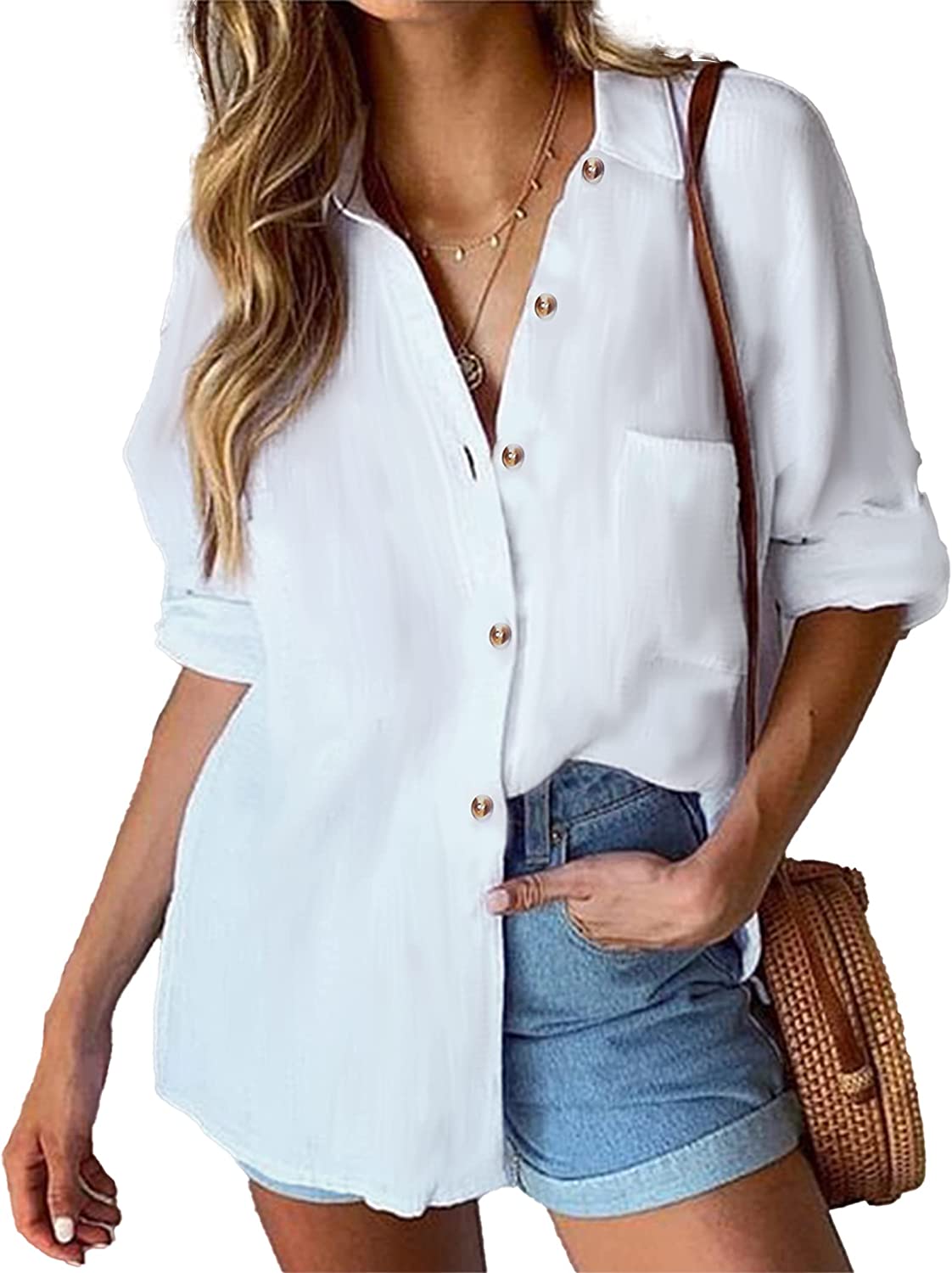 Hotouch Womens Cotton Button Down Shirt Casual Long Sleeve Loose Fit Collared Linen Work Blouse Tops with Pocket