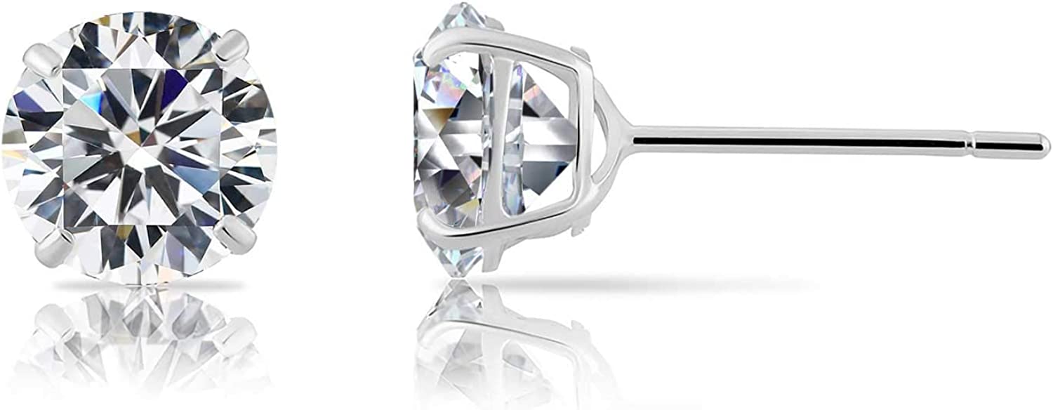 14k White Gold Solitaire Round Cubic Zirconia Stud Earrings with Gold butterfly Pushbacks
