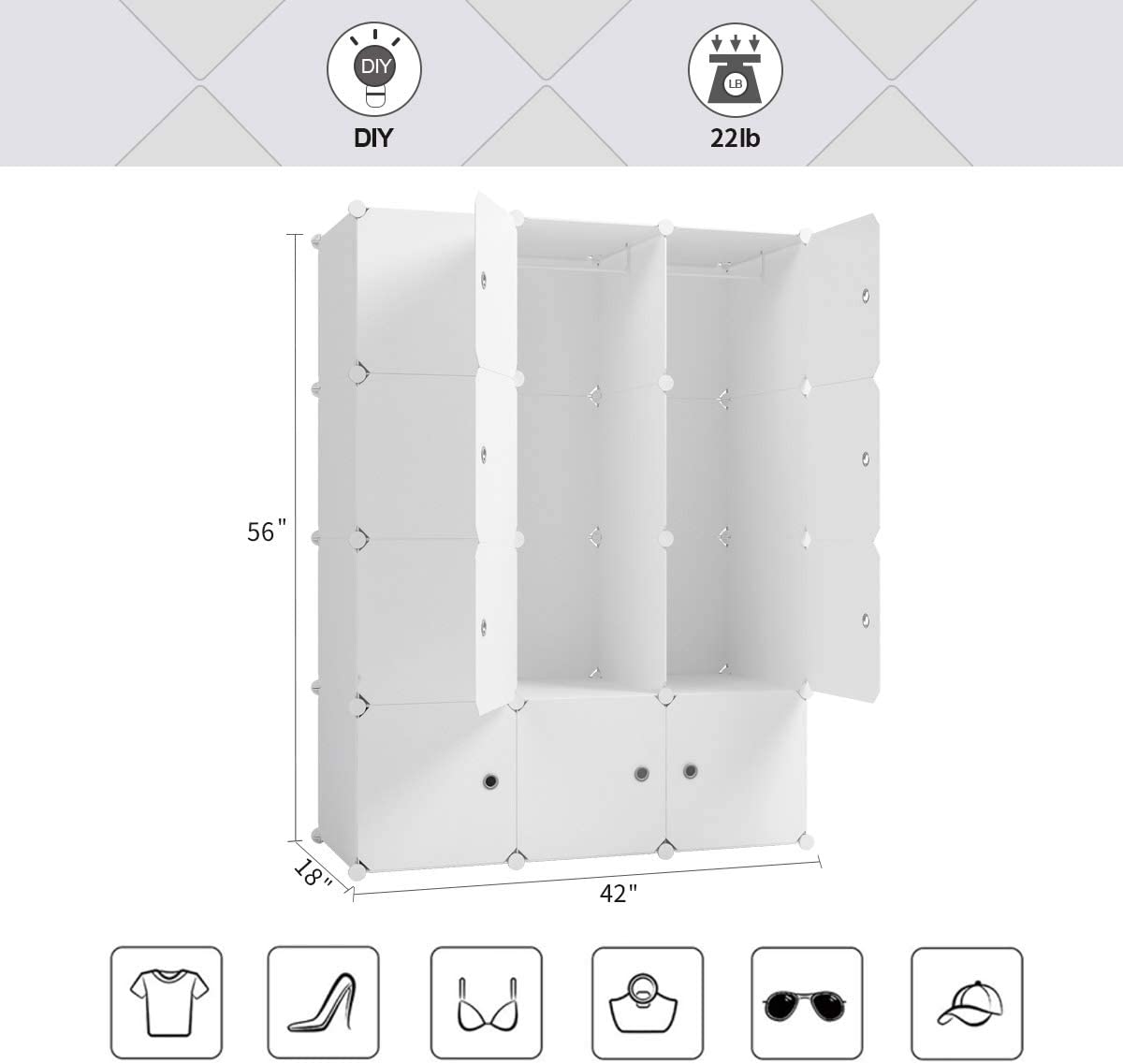 Aeitc Portable Wardrobe Closets 14"x18" Depth Cube Storage， Bedroom Armoire， Storage Organizer with Doors， 12 Cubes， White