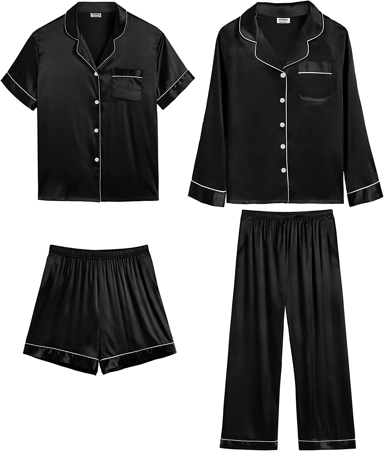 SWOMOG 4 pcs Men Satin Pajamas Set Silk Button-Down PJs Sets Soft Lounge Sets Classic Silk Sleepwear