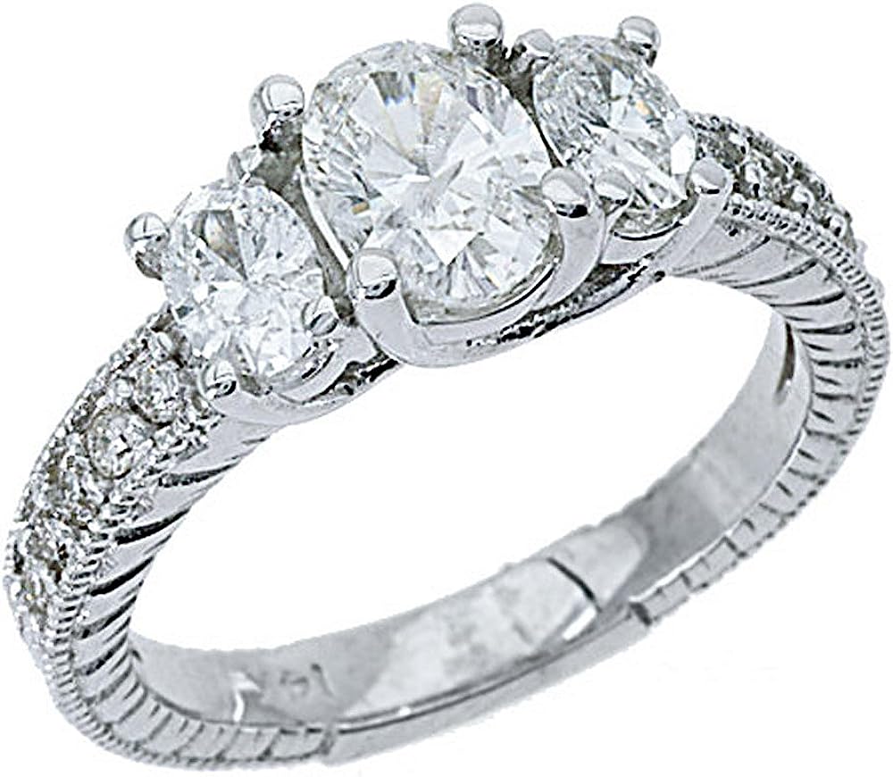 14k White Gold 3-Stone Oval Antique Diamond Engagement Ring 1.50 Carats
