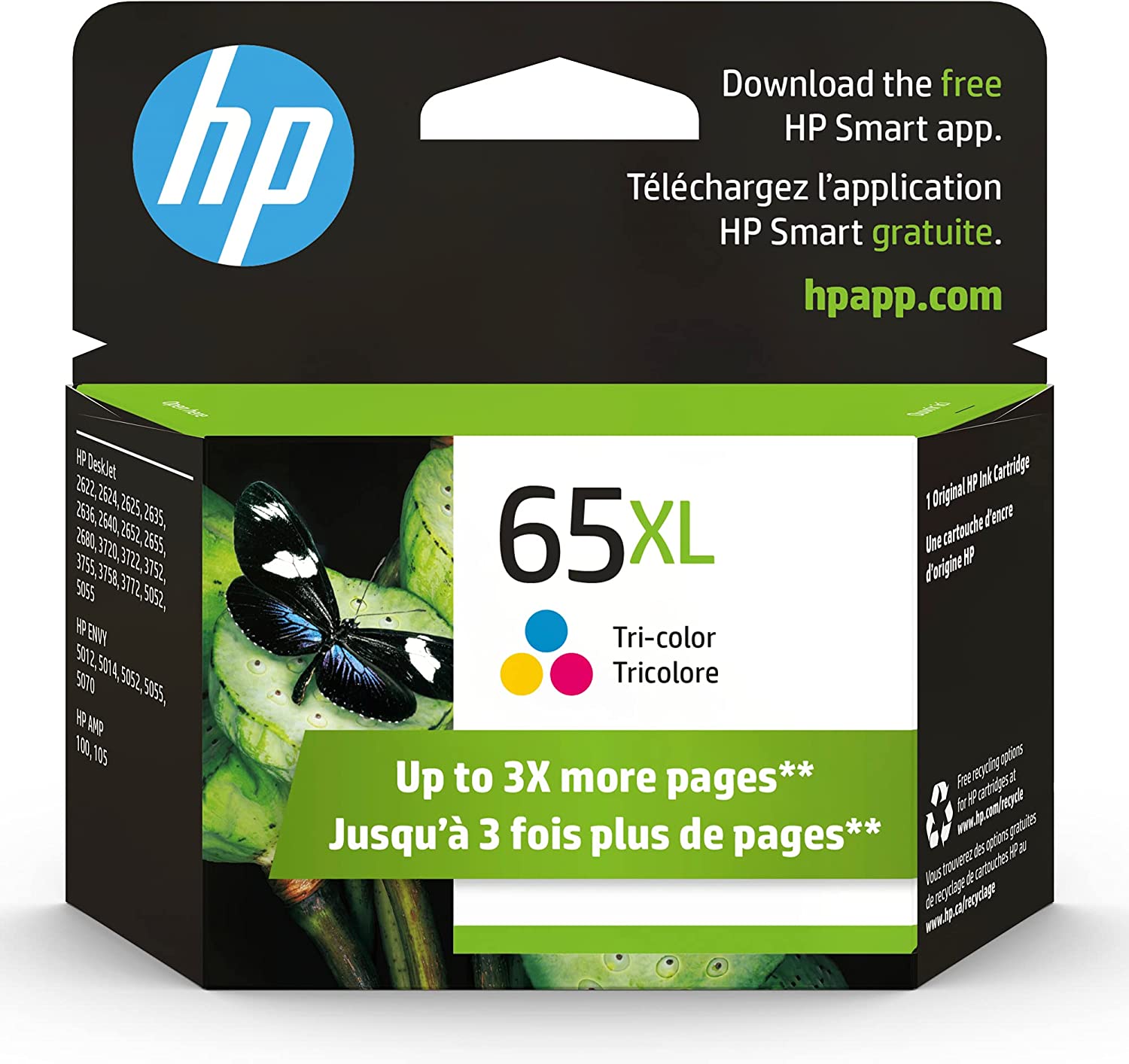 HP 65XL Tri-color High-yield Ink Cartridge | Works with HP AMP 100 Series, HP DeskJet 2600, 3700 Series, HP ENVY 5000 Series | Eligible for Instant Ink | N9K03AN